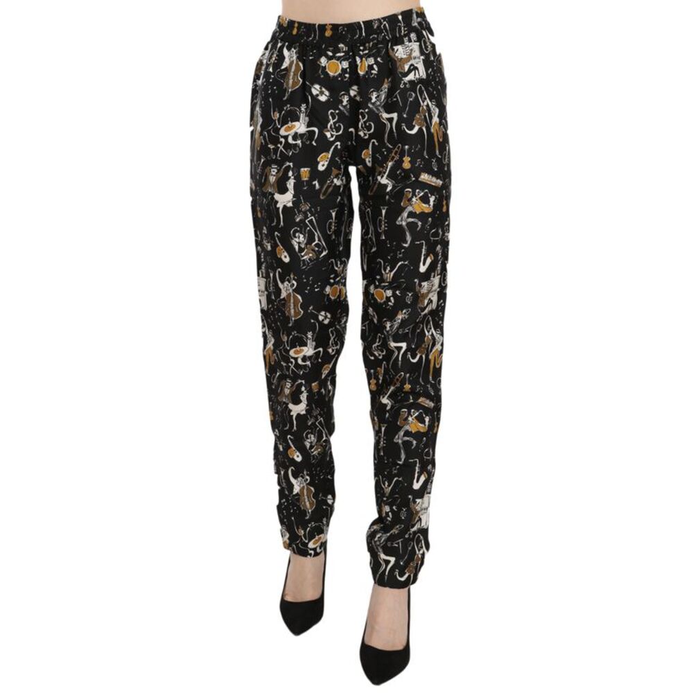 Dolce & Gabbana Black Jazz Club Print High Waist Tapered Women's Pants